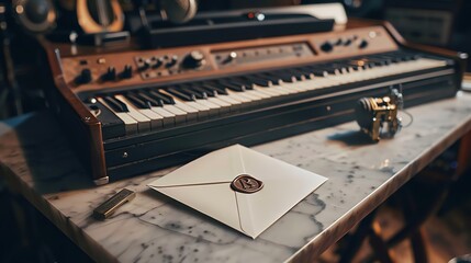A vintage keyboard sits on a marble table with a sealed envelope beside it.