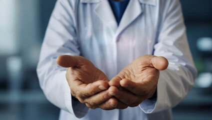 Image of a doctor with open hands, symbolizing care and readiness to provide medical assistance and offering help and support to those in need.