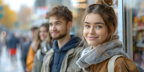 Shoppers waiting in line outside a store. Concept Holiday Shopping, Crowded Store Front, Customer Service, Black Friday Deals, Winter Sales