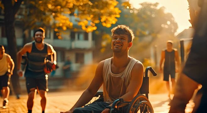 Disabled young man in a wheelchair playing basketball with his friends, showcasing teamwork and male friendship