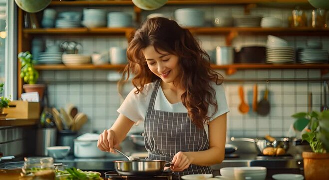 A young, happy, and beautiful Asian woman with curly long hair wearing a grey gingham apron. She's making soup for breakfast, opening a pot to smell, scooping up with a smile in the modern kitchen