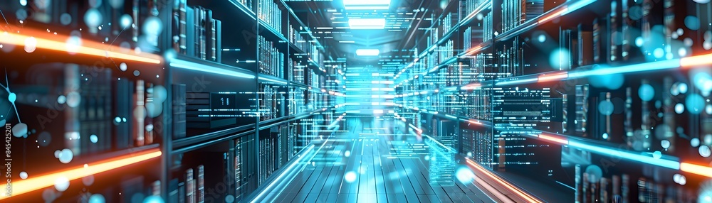 Poster futuristic library with digital book download stations technology networking and digital communicati