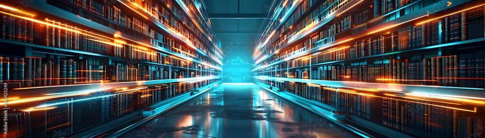 Poster futuristic digital library with automated download stations for technology and business networking