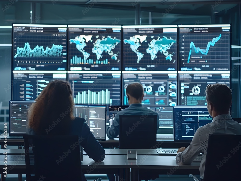 Poster professional team analyzing real time cloud computing analytics on large digital screens