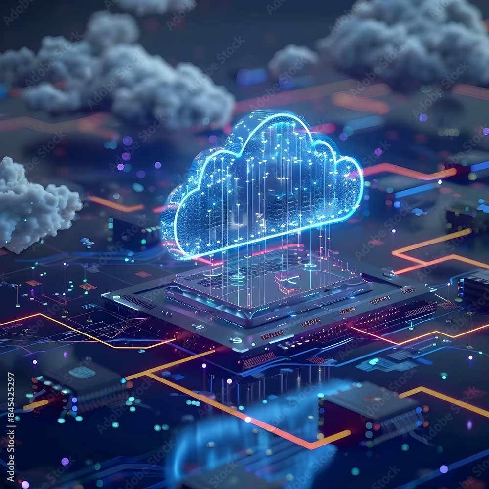 Poster animated diagram showcasing data from servers to the cloud computing concept