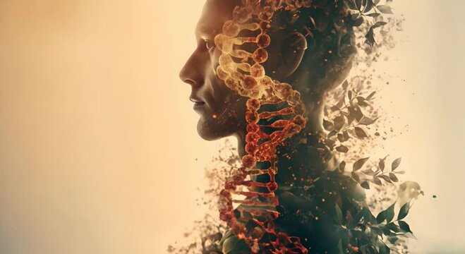 A man's body shown in an artistic double exposure with DNA strands The background features a beige color, creating a vintage look.