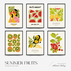Abstract fruits posters template. Modern trendy Matisse minimal style. Exotic Healthy Food. Hand drawn design for wallpaper, wall decor, print, postcard, cover, template, banner.