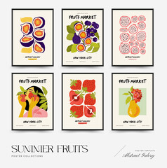 Naklejka premium Abstract fruits posters template. Modern trendy Matisse minimal style. Exotic Healthy Food. Hand drawn design for wallpaper, wall decor, print, postcard, cover, template, banner.