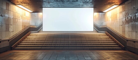 Fototapeta premium Billboard Banner signage mock up display in subway with stairs. 