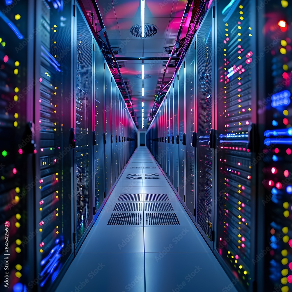 Poster high tech server room with rows of servers and fiber optic cables technology networking and digital 