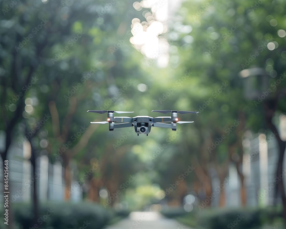 Poster drone delivering documents to business meeting in urban park technology networking and digital commu