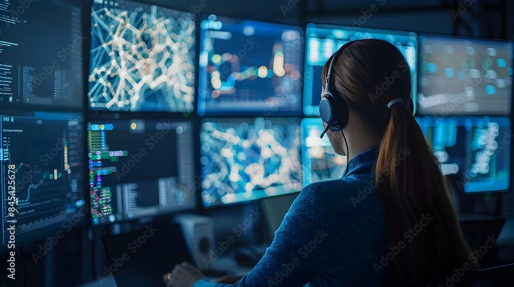 Poster cybersecurity professionals monitoring network traffic on multiple large displays in business techno