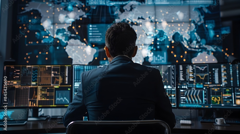 Poster cybersecurity professionals monitoring network traffic on multiple large displays for digital commun
