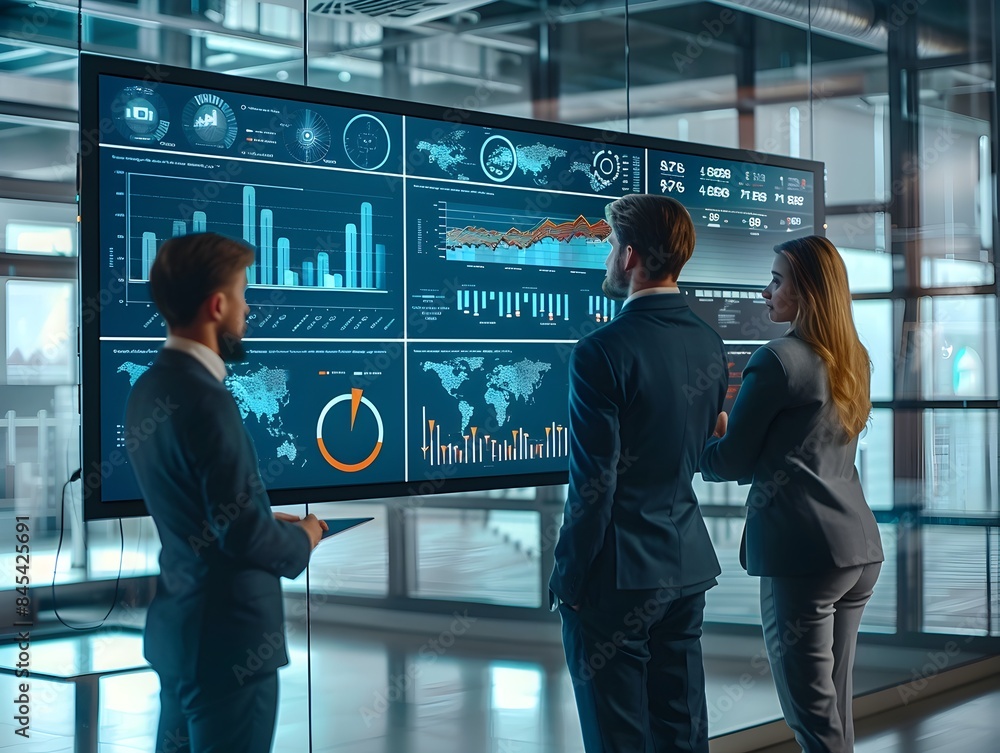Poster digital marketing team analyzing live data streams on interactive touchscreen wall for business anal