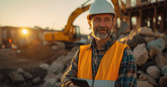 Smiling Senior Engineer in Safety Gear with Tablet at Construction Site During Earthworks