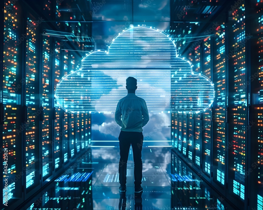 Poster cloud computing specialist optimizing business data storage solutions in technology networking and d