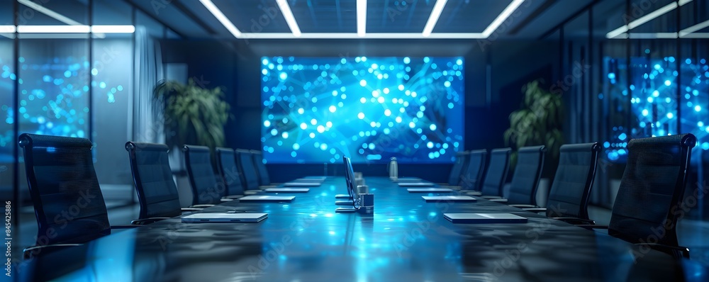 Poster modern boardroom with advanced digital conferencing technology for efficient business communication