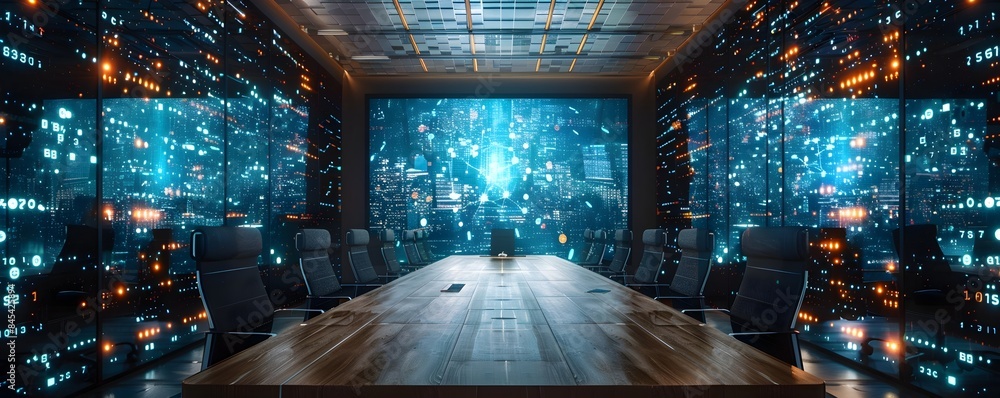 Poster futuristic boardroom with advanced digital conferencing technology for business networking and commu