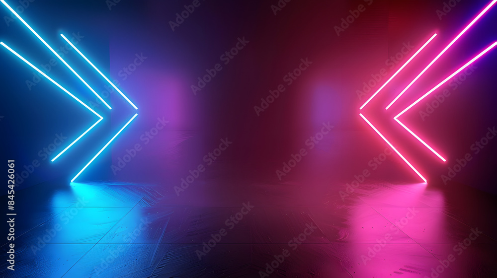 Poster 3d render, abstract minimalist geometric background. two counter neon arrows approaching each other.