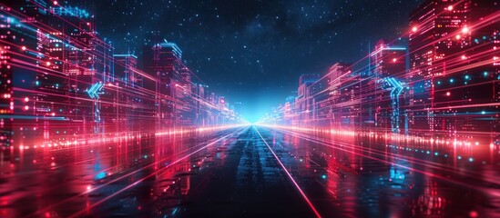 Fototapeta premium 3d render, abstract red blue neon background. Glowing linear volumetric cube in the middle of the city street, under the starry night sky. Digital futuristic wallpaper. 