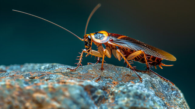 Close-up of cockroach on rock with nature on background.