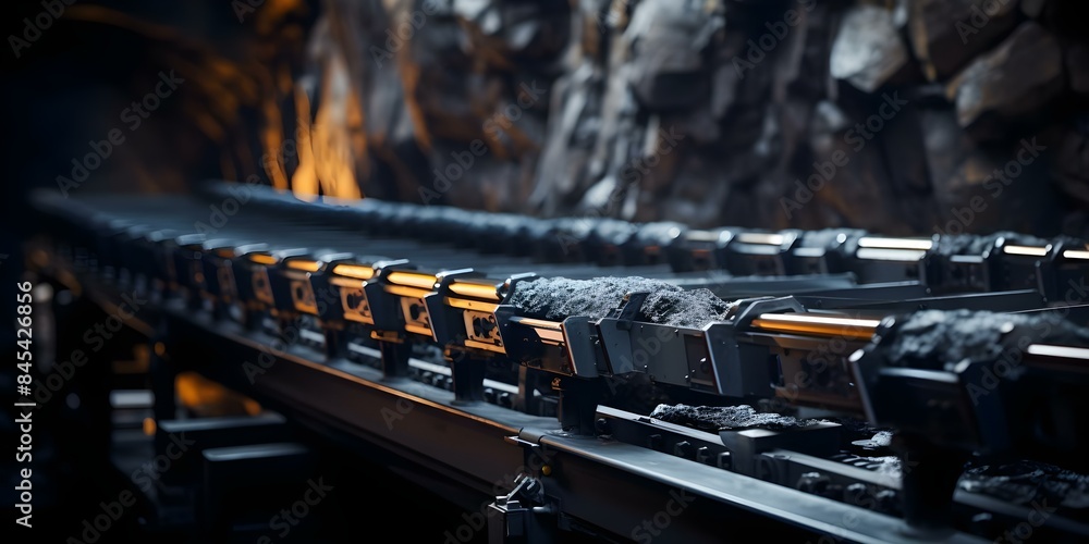 Poster showcasing modern mining operations efficiency through an efficient conveyor belt system. concept mo