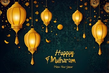 Obraz premium Ramadan kareem greetings design moon with lantern. Eid mubarak. islamic greeting card. Lanterns style with golden moon on purple background. Vector