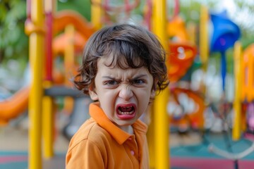 A young child in an orange shirt making a funny face at a playground, with colorful play equipment in the background.