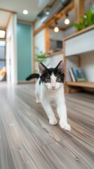a beautiful cat gracefully walking through a modern living room adorned with a white wooden floor, a grey sofa, and a carpet on the ground.