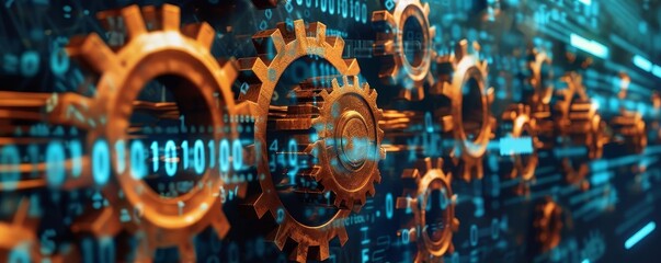 Abstract image of interconnected gears and binary code, symbolizing technology and complex systems integration in a digital landscape.