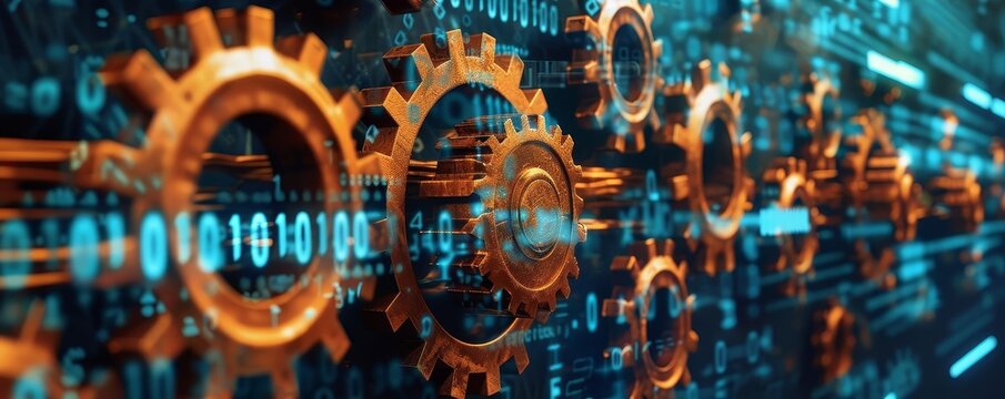 Abstract image of interconnected gears and binary code, symbolizing technology and complex systems integration in a digital landscape.