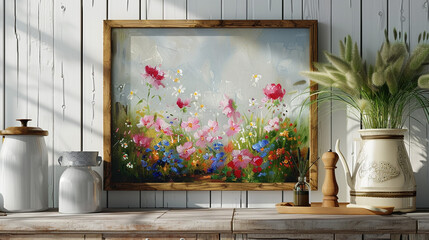 An impressionist-style floral painting with a rustic wooden frame set against a white shiplap wall in a farmhouse kitchen.