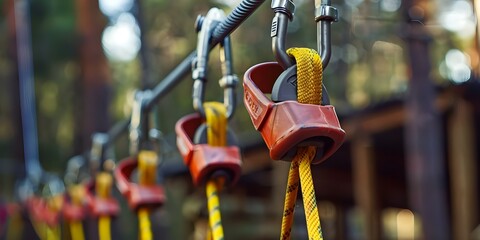 Secure safety harness clips to steel cable for thrilling zip line experience. Concept Outdoor Adventure, Zip Line Excitement, Safety Harness Clips, Steel Cable, Thrilling Experience