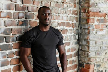 Obraz premium African American man in black t shirt against brick wall.