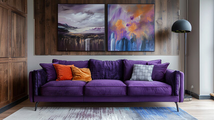 A chic purple sofa against a light wooden wall with contemporary artwork.