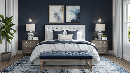 A chic transitional bedroom with a white platform bed, dark blue accent wall, a blend of traditional and modern decor, and elegant bedside tables.