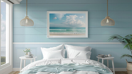 A coastal scene painting with a white frame hung on a light blue wall in a beach-themed bedroom.
