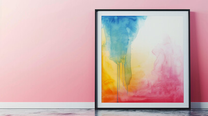 Naklejka premium A colorful abstract watercolor painting with a thin black frame set against a pastel pink wall in a creative studio.