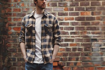 Obraz premium Young man in check shirt and jeans against brick wall
