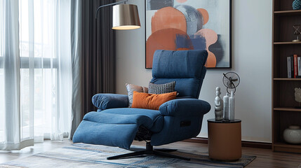A comfortable blue fabric recliner against a light grey wall with modern art pieces.