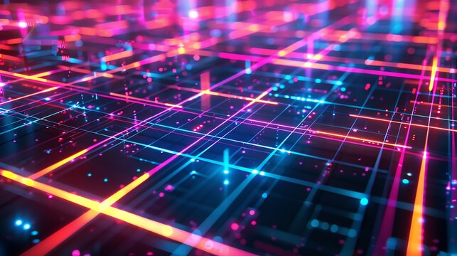 An abstract grid of lines and lights in pink, orange and blue.