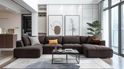 A contemporary living room with a dark brown straight-up sectional sofa, a white wall with minimalist decor, and a glass coffee table.