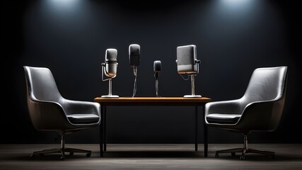 As a broad banner for media discussions or podcast streamers conceptions with copyspace, two chairs and microphones in an interview or podcast room isolated on a dark background