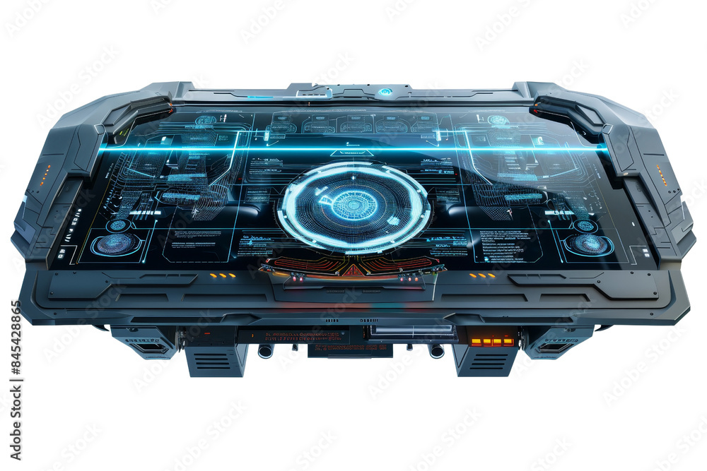 Poster futuristic digital interface on an advanced technology control panel with holographic blueprints and