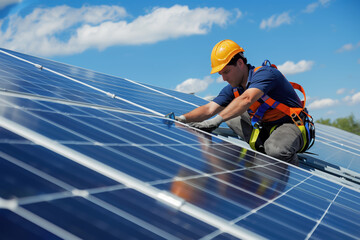 An engineer installs and adjusts the operation of solar panels