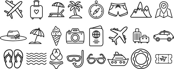 Travel icons vector set. Plane, suit, palm tree, mountain and sea vacation items set
