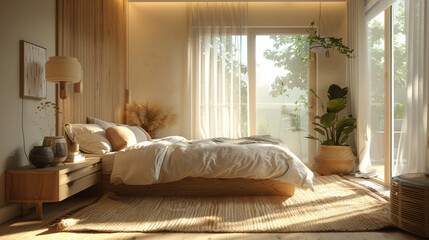 A cozy Scandinavian bedroom with light wooden furniture, soft pastel accents, and a large window with sheer curtains, creating an airy feel.