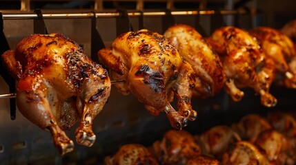 Naklejka premium Roasted chicken in a row turning at industrial roaster
