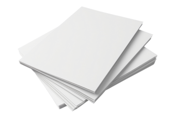 Stack of blank white paper sheets isolated on a transparent background. Perfect for office, printing, or crafting use.
