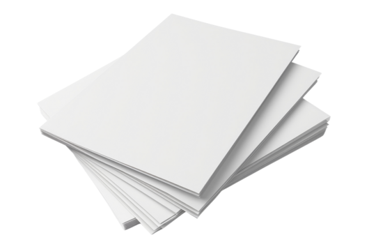 Stack of blank white paper sheets isolated on a transparent background. Perfect for office, printing, or crafting use.